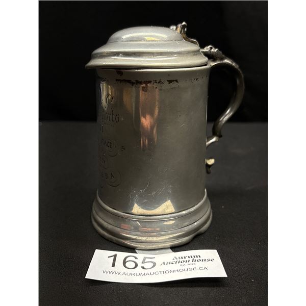 Pewter Trophy Mug Dated 1871 Note: Slightly Misshappen Lid is Loose and Doesn’t Sit Well