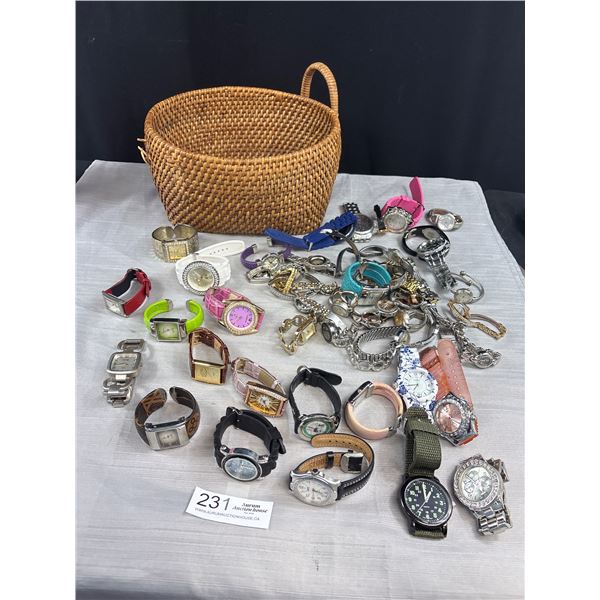 Over 49 Wristwatches in a Woven Basket Untested needs Batteries