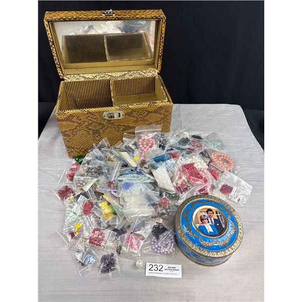 Vintage Leather Jewelry Box with Lots of Beads Great For Crafters and Royal Wedding Tin
