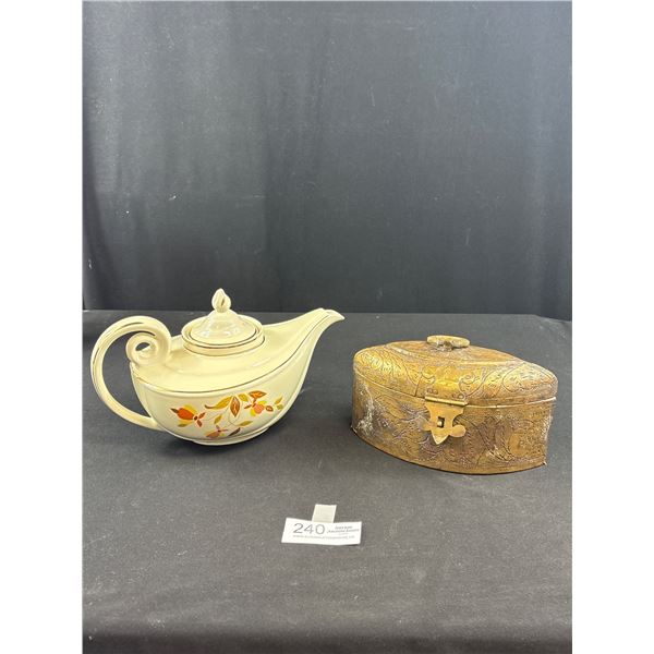 Vintage Halls Earthware Alladin Teapot and Etched Brass Over Wood Tea Caddy