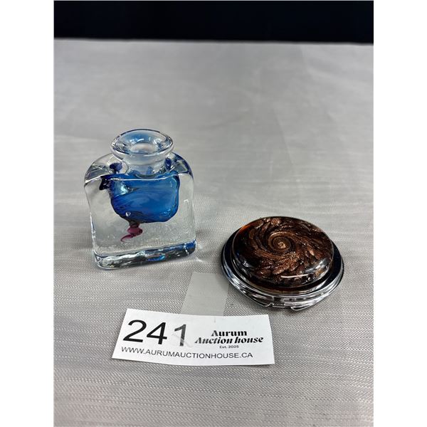 Beautiful Murano Glass Silver Mirror Compact and Ione Thorkelsson Hand Blown Art Glass Perfume Bottl