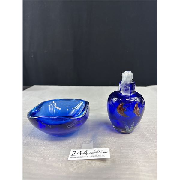 1950's Murano Hand Blown Nautical Perfume Bottle in Cobalt Blue with Sall Bowl