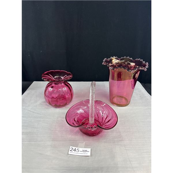 Lot of 3 Vintage Cranberry  Art Glass 2 Vasees and a Basket