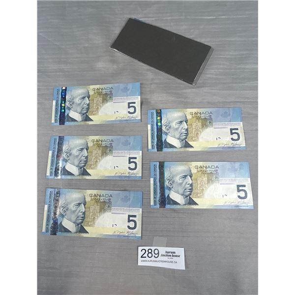 5 Mint Condition Bank Of Canada $5 Dollar Banknotes Not is Sequence