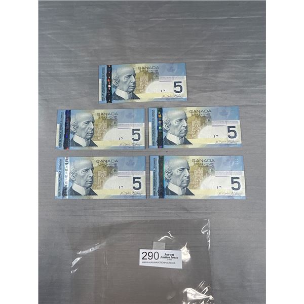 5 Mint Condition Bank Of Canada $5 Dollar Banknotes Not is Sequence