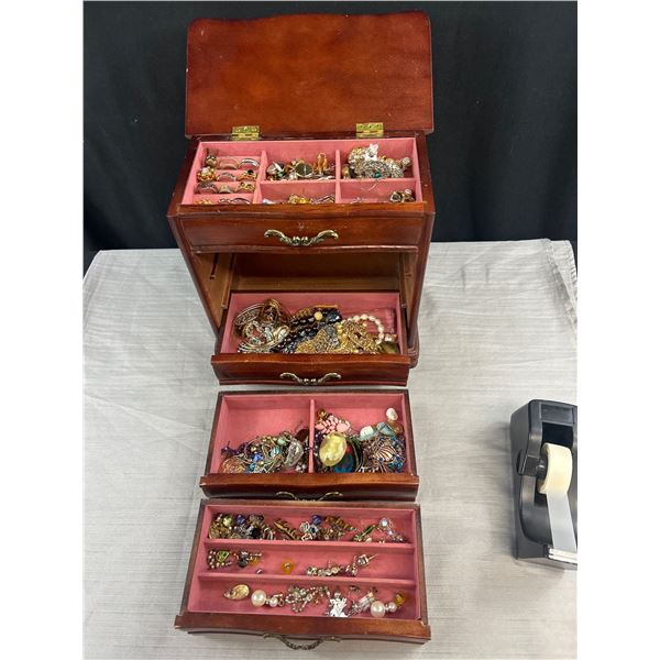 Vintage Solid Wood Dresser Top Jewelry Box Filled with Vintage Jewelry