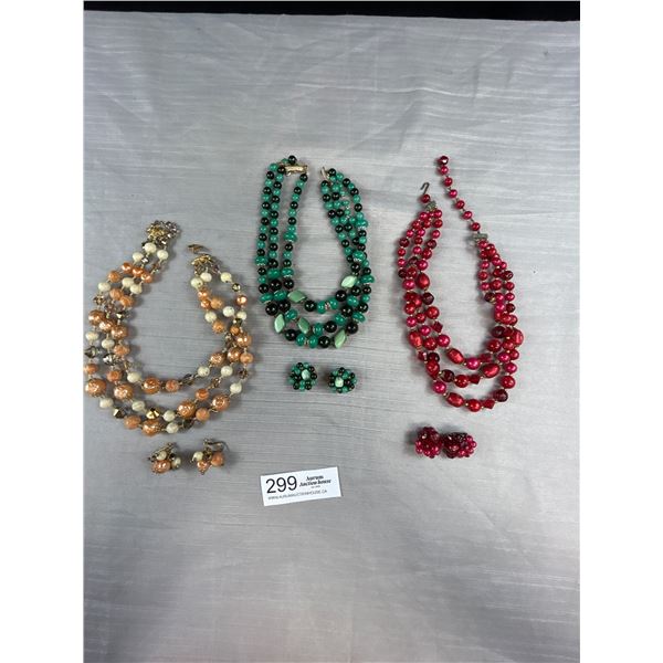 3 Mid Century Beaded Necklaces with Matching Earrings