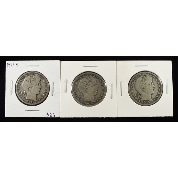 1908-D, 1911-S & 1915-D BARBER HALF DOLLARS