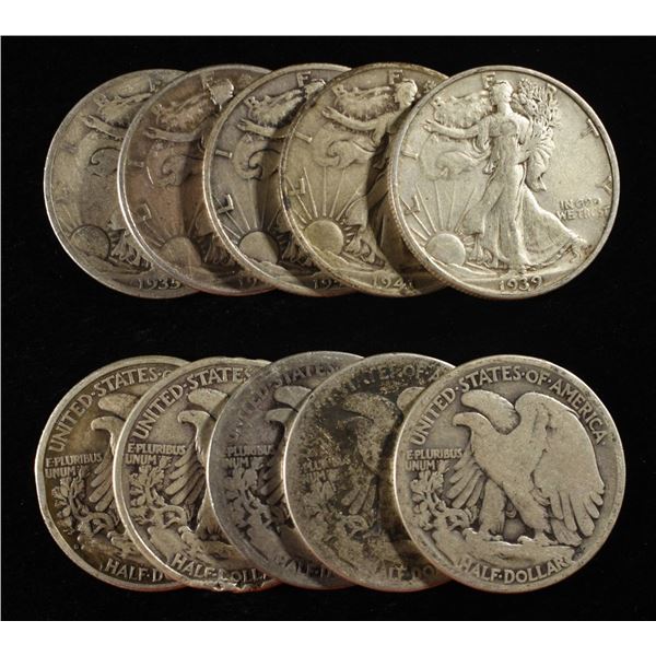 (10) 90% SILVER WALKING LIBERTY HALF DOLLARS