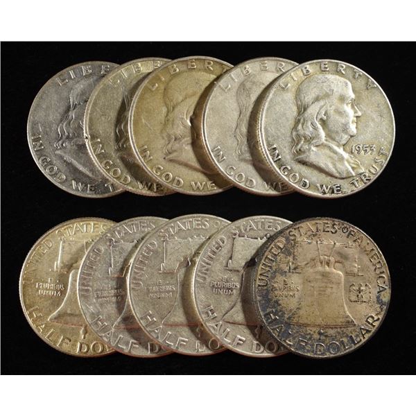 (10) 90% SILVER FRANKLIN HALF DOLLARS