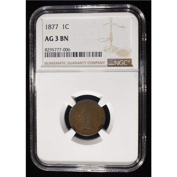 1877 INDIAN CENT NGC AG 3 BN