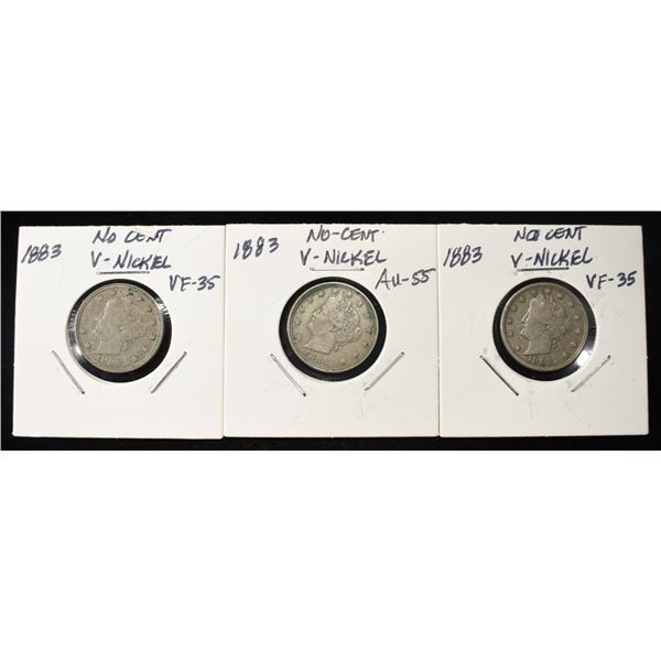 (3) 1883 'V' NICKELS NO CENTS