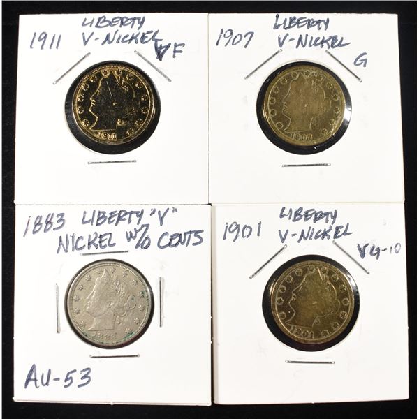 1883, 1901, 07 & 11 'V' NICKELS