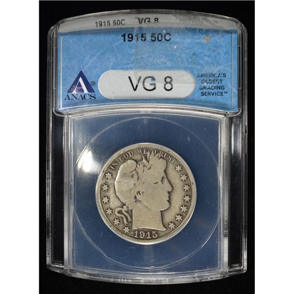 1915 BARBER HALF DOLLAR ANACS VG8
