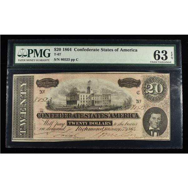1864 $20 CONFEDERATE T-67 PMG CU-63 EPQ