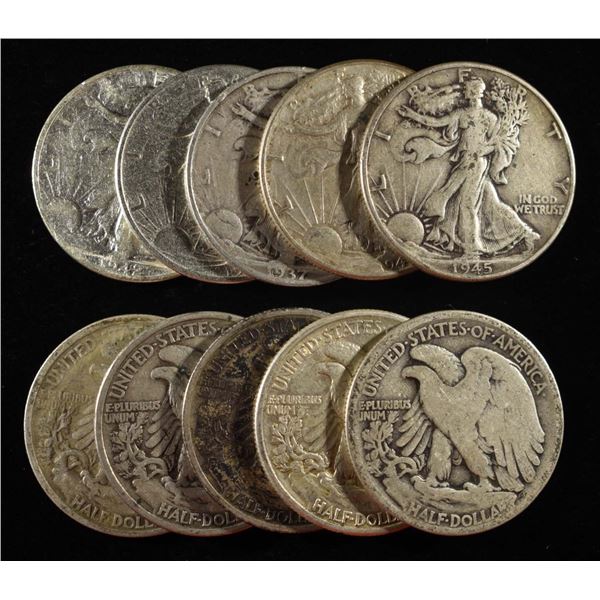 (10) 90% SILVER WALKING LIBERTY HALF DOLLARS