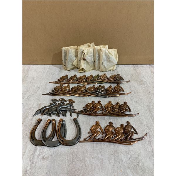 Lot of 38 Metal Emblem Downhill Skier 3 Mermaid Riding Dolphin 3 Horseshoes