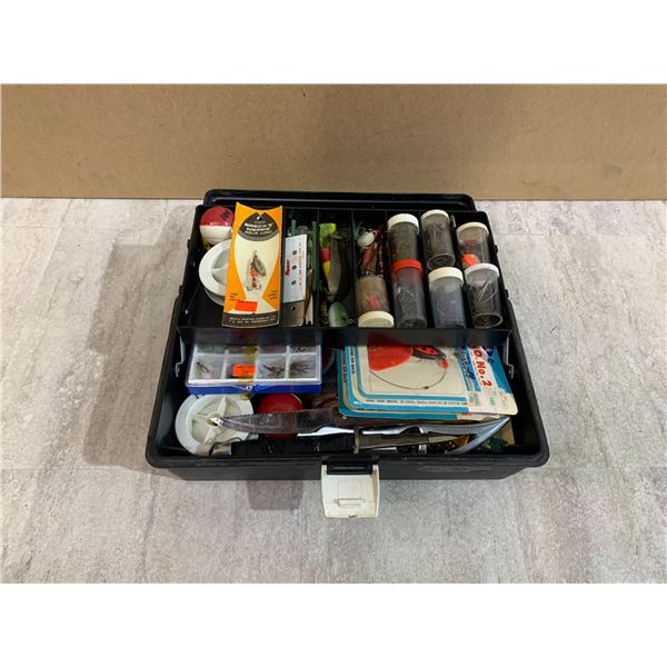 Small Black Tackle Box Chalked Full of Fishing Supplies / Tackle