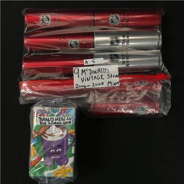 LOT OF 9 2006-08 MCDONALDS STICKS & BRAND NEW IN BAG GRIMACE GLASS