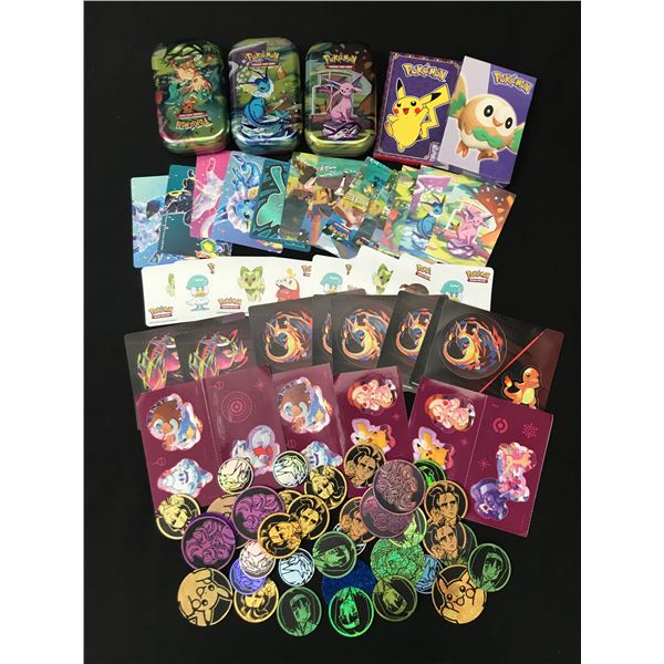 LOT OF POKEMON TCG PARAPHERNALIA INCLUDING TINS AND BUTTONS