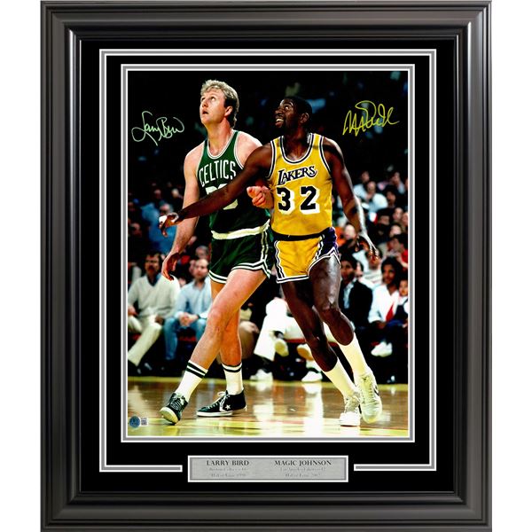 LARRY BIRD AND MAGIC JOHNSON FRAMED DUAL SIGNED 8X10 - BECKETT COA