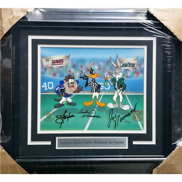 LOONEY TUNES GO GIANTS SIGNED AND FRAMED 16 X 20  BY TAYLOR, MCKIMSON AND NAMATH - JSA COA
