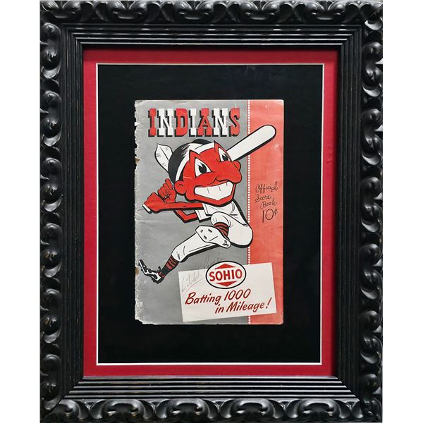 SATCHEL PAIGE SIGNED AND FRAMED SCOREBOOK COVER - PSA LOA