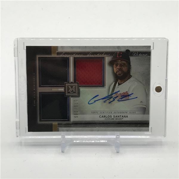 2020 TOPPS MUSEUM COLLECTION BASEBALL CARLOS SANTANA SIGNED TRIPLE PATCH TRADING CARD 176/299
