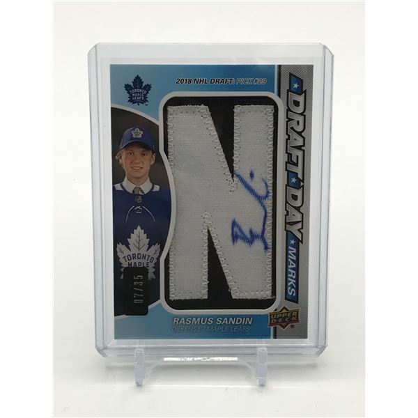2019-20 UPPER DECK SP GAME USED HOCKEY RASMUS SANDIN SIGNED 'N' PATCH TRADING CARD 07/35