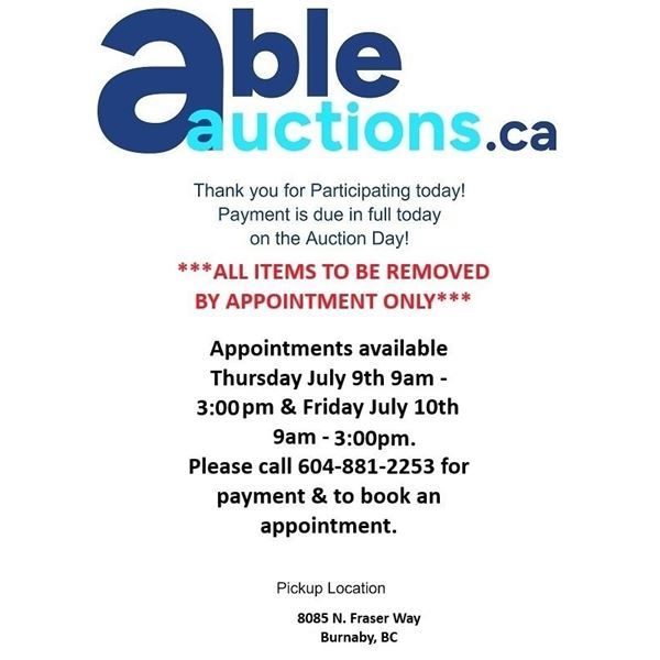 All items must be removed by Thu Jul 9, 9am-4:30pm & Fri Jul 10, 9am - 3:00pm