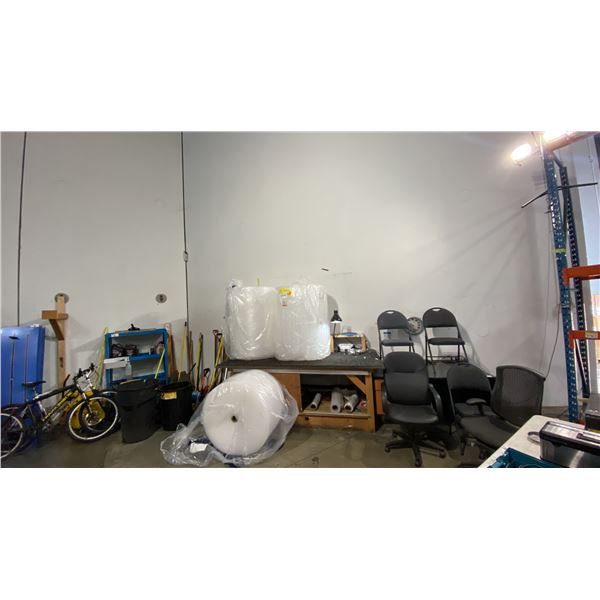 CONTENTS OF SHIPPING WORK AREA - 2 METAL SHELVING UNITS, WORK BENCH, DESK, ASSORTED CHAIRS,