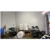 Image 1 : CONTENTS OF SHIPPING WORK AREA - 2 METAL SHELVING UNITS, WORK BENCH, DESK, ASSORTED CHAIRS,