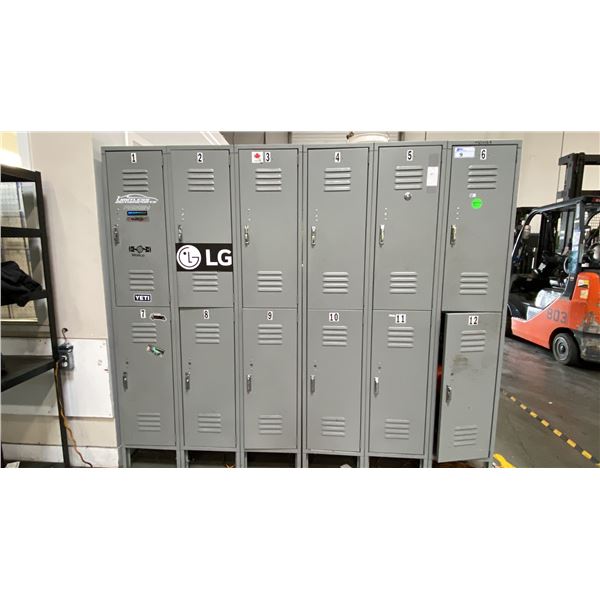 2 GREY METAL LOCKER UNITS - (18) COMPARTMENTS TOTAL - APPROX. 7 1/2FT ACROSS X 6 1/2FT HIGH