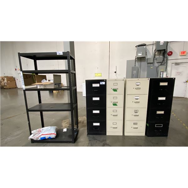 METAL SHELF RACKING UNIT AND 4 METAL FILING CABINETS