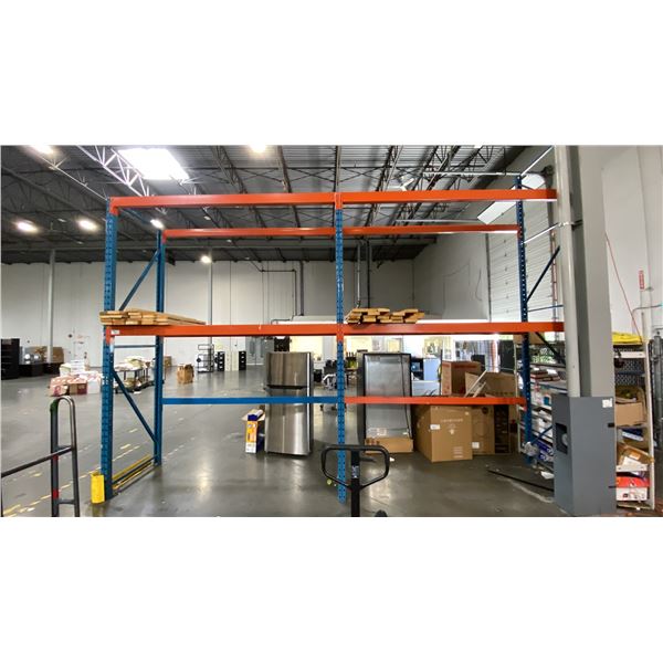 BLUE & ORANGE PALLET RACKING - (6) 12FT X 3 1/2FT UPRIGHTS 3 1/4" X 3" WITH 4" X 3 1/2" X 1/4"