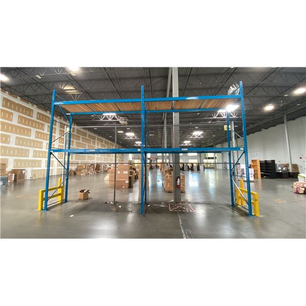 BLUE PALLET RACKING - (5) 16FT X 3 1/2FT UPRIGHTS 3 1/4" X 2" WITH 6" X 8" X 3/8" THICK