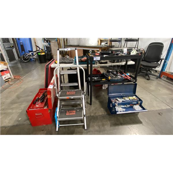LARGE GROUP OF ASSORTED POWER TOOLS, HAND TOOLS, TOOL BOXES, LADDERS, TABLES, PARTS