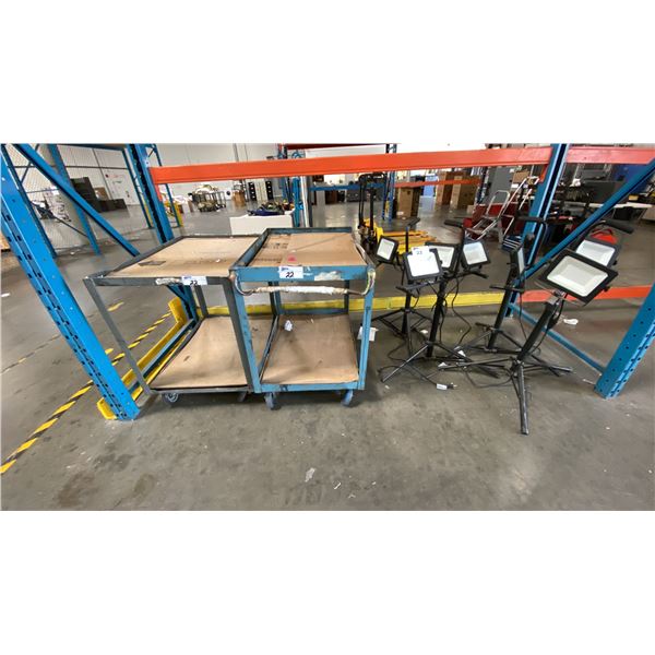 GROUP OF (4) DOUBLE HEADED LED WORK LIGHTS AND (2) MOBILE METAL SHOP CARTS