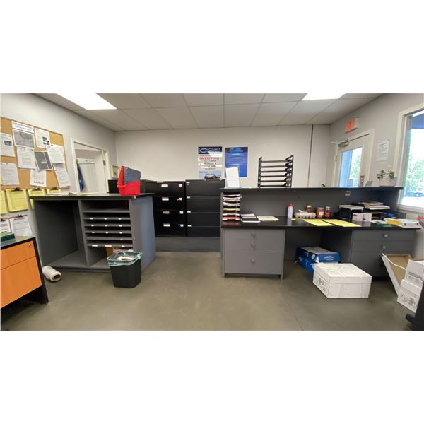 LARGE GROUP OF OFFICE FURNITURE - DESKS, FILING CABINETS, OFFICE CHAIRS RECEPTION COUNTER,