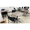 Image 1 : LUNCH ROOM ITEMS - ROUND TABLES & CHAIRS, MICROWAVE STAND, MICROWAVE, TOASTER AND