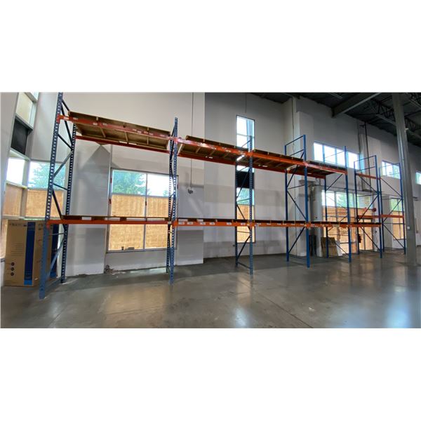 BLUE & ORANGE PALLET RACKING - (7) 18FT X 3 1/2FT UPRIGHTS 3 1/4" X 2" WITH 4 1/2" X 4" X 3/8"