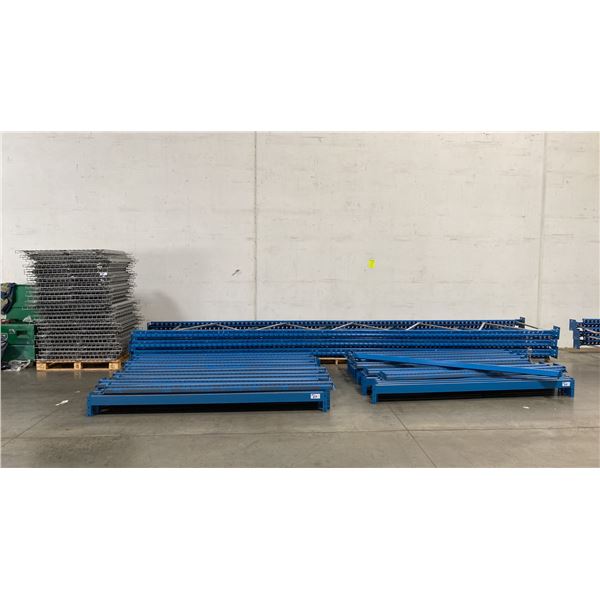 BLUE PALLET RACKING - (6) 22FT X 3 1/2FT UPRIGHTS 4" X 2 3/4" WITH 6" X 8" X 3/8" THICK