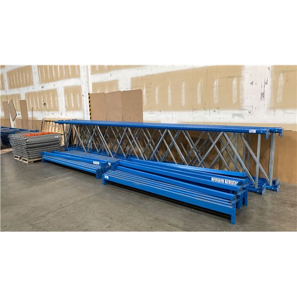 BLUE PALLET RACKING - (6) 22FT X 3 1/2FT UPRIGHTS 4" X 2 3/4" WITH 6" X 8" X 3/8" THICK