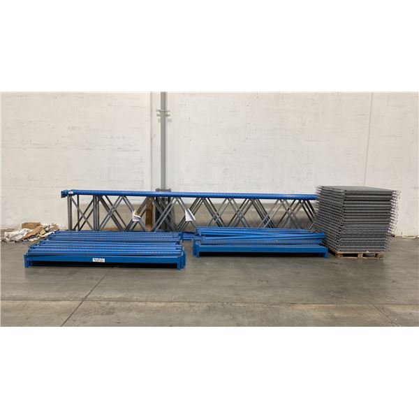 BLUE PALLET RACKING - (6) 22FT X 3 1/2FT UPRIGHTS 4" X 2 3/4" WITH 6" X 8" X 3/8" THICK
