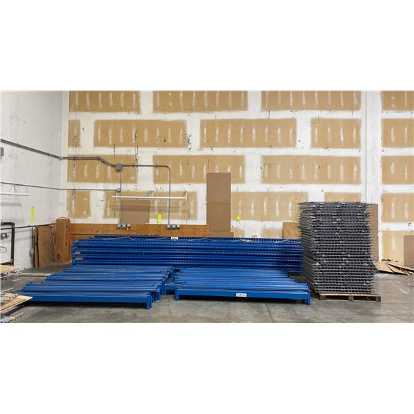 BLUE PALLET RACKING - (10) 24FT X 3 1/2FT UPRIGHTS 4" X 2 3/4" WITH 6" X 8" X 3/8" THICK