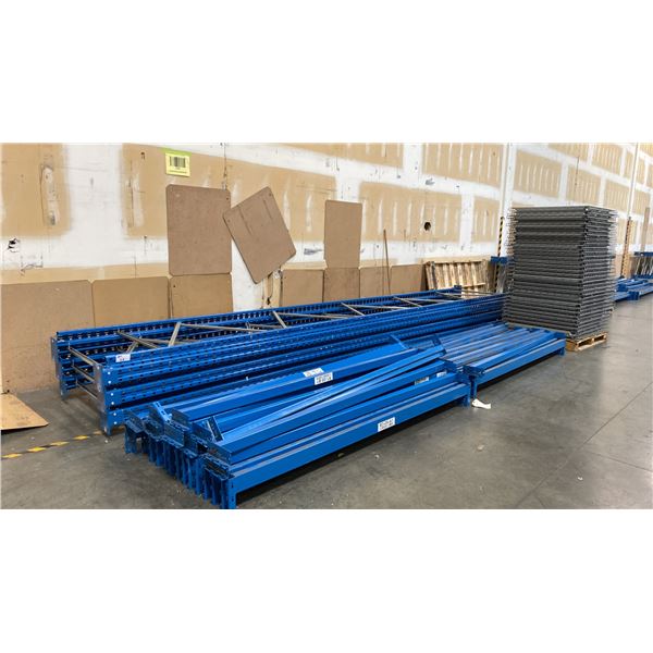 BLUE PALLET RACKING - (6) 22FT X 3 1/2FT UPRIGHTS 4" X 2 3/4" WITH 6" X 8" X 3/8" THICK