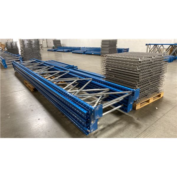 BLUE PALLET RACKING - (6) 22FT X 3 1/2FT UPRIGHTS 4" X 2 3/4" WITH 6" X 8" X 3/8" THICK