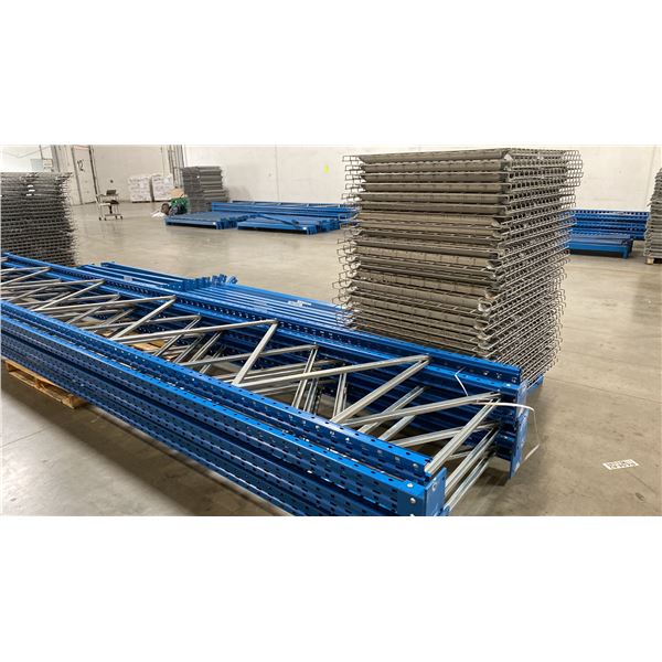 BLUE PALLET RACKING - (6) 22FT X 3 1/2FT UPRIGHTS 4" X 2 3/4" WITH 6" X 8" X 3/8" THICK
