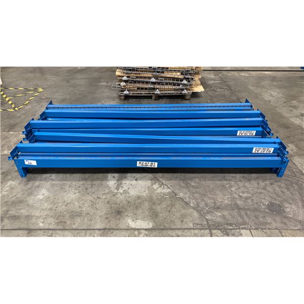 GROUP OF (22) 8FT X 4" X 2 3/4" BLUE PALLET RACKING SIDE RAILS