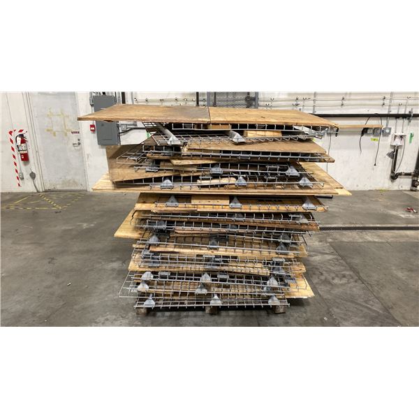 STACK OF APPROX. (28) 45 3/4" X 43" MESH DECK SHELVING WITH ATTACHED PLYWOOD